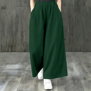 Femme taille haute pantalon large vert fonce ample decontracte taille elastique