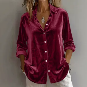 Dames Lange Mouw Fluwelen Blouse Casual Revers Knoppen Shirt Top voor de Herfst