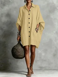 Detailed view of casual linen batwing shirt dress, relaxed fit, stylish old money daily wear.