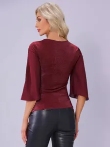 Damen casual glitzer patchwork V-ausschnitt dreiviertel arm oberteil elegante mode bluse.