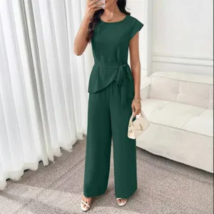 Damen Elegantes Dunkelgrünes Zweiteiliges Set Rundhalsausschnitt Bindegürtel Top Hose