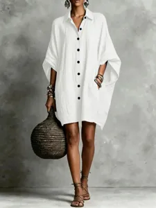 White linen blend batwing sleeve button down shirt dress casual loose summer beach wear top