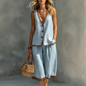 Mujer Casual Color Sólido Botón Chaleco Y Shorts Parte Superior E Inferior Estilo Resort Conjunto De Verano