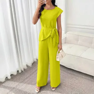 Stilvolles elegantes Damen Rundhals Taillenband Oberteil und weite Hose Set in Gelb