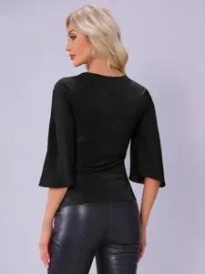 Damen Schwarzes V-Ausschnitt 3/4 Arm Glitzer Patchwork Oberteil Detail Ansicht Stil