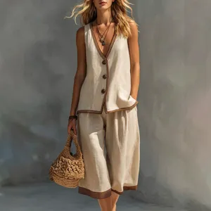 Mujer verano casual sólido resort wear chaleco sin mangas con botones y pantalones cortos principal