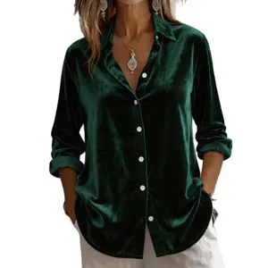 Vrouwen casual lange mouw fluwelen blouse, donkergroene losse overhemd voor herfst lente.