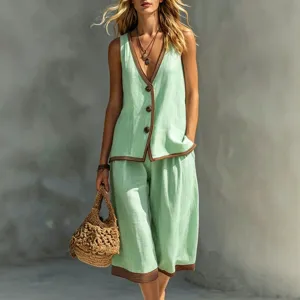 Conjunto de Verano Casual para Mujer Chaleco con Botones y Short Estilo Vacaciones