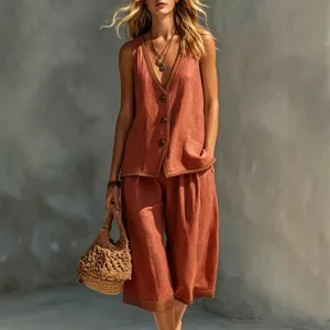 Mujer Verano Casual Color Sólido Estilo Vacaciones Botón Chaleco Y Shorts Conjunto