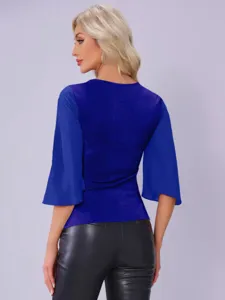 Detailansicht Damen V-Ausschnitt 3/4 Arm Glitzer Patchwork Oberteil, stylische Freizeitmode.