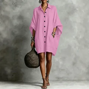 Oversized cotton linen shirt dress with batwing sleeves and lapel collar for women casual wear