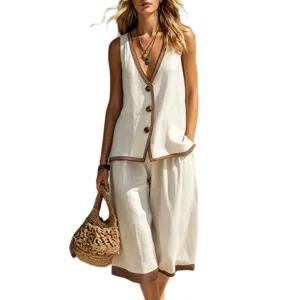 conjunto de dos piezas de lino para mujer verano casual chaleco botones cuello v pantalon