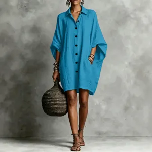 Oversized cotton linen batwing sleeve shirt dress, vibrant blue button down casual midi dress.