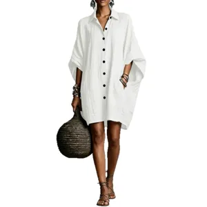 Casual white cotton linen batwing sleeve shirt dress, loose fit old money style summer chic.