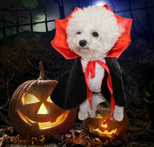 Pet vampire cape costume for cats and dogs, funny Halloween bat cloak apparel detail view.
