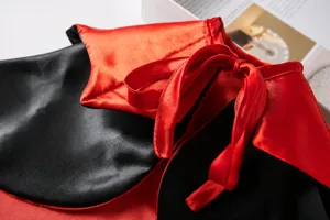 Detailed close-up shot of pet Halloween vampire cape, red and black satin fabric with secure tie.