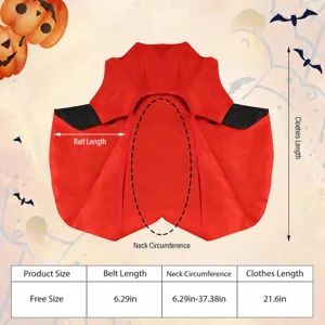 Halloween bat cat cloak pet costume size chart showing length and neck measurements