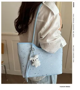Korean style fashion large capacity star print shoulder tote bag with cute plush rabbit charm