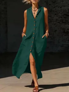Ärmelloses V-Ausschnitt Knopfleiste Maxi-Kleid Detailansicht, eleganter modischer Stil.