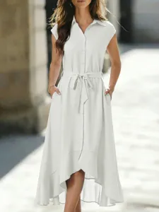 Damen Weiß Gestreiftes Gürtel Asymmetrisches Hemdkleid Sommer Elegantes Midikleid
