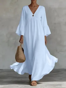 Bohemian light blue maxi dress, deep V-neck and bell sleeves, loose resort style long dress