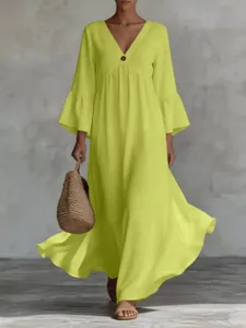 Bohemian deep v-neck bell sleeve long dress detail view, elegant flowy vacation maxi dress.