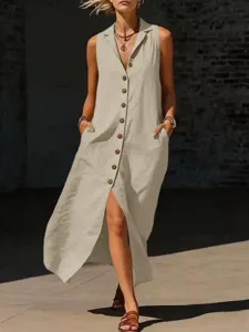Ärmelloses V-Ausschnitt einreihiges Schlitz-Maxikleid Detail, elegante beige Leinenoptik.