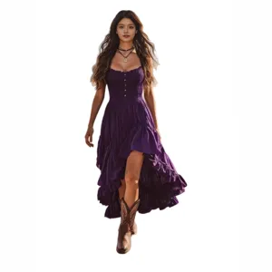 Elegant purple strapless smocked midi dress with asymmetric high-low hem and cowboy boots.