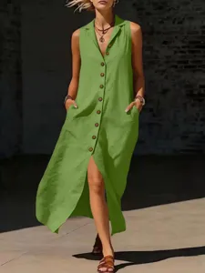 Ärmelloses V-Ausschnitt einreihiges geschlitztes langes Kleid, grüne Sommerkleid Details.