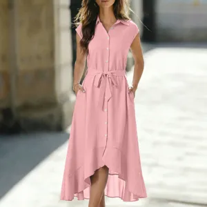 Sommer elegantes ärmelloses Blusenkleid mit Gürtel und unregelmäßigem Saum Damen.