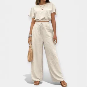 Conjunto de Moda Diario Casual de Mezcla de Algodón para Mujer Color Sólido Cuello Redondo Manga Corta Top y Pantalones