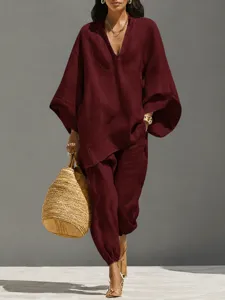 Conjunto de dos piezas holgadas rojo vino top manga murcielago pantalones detalle casual