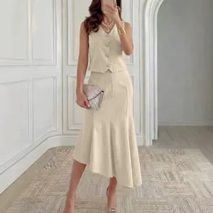 Ensemble Jupe Deux Pièces Élégant pour Femme Bureau Commuter Col V Gilet Et Jupe Sirène Couleur Unie Polyester