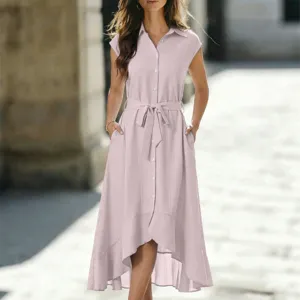 Damen Sommer Kurzarm Knopfleiste Midikleid Freizeit Gürtel Asymmetrischer Saum Kleid