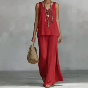 Women Summer Bohemian Casual V-Neck Sleeveless Tank Top And Wide Leg Pants Matching Top And Bottom Set