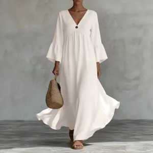 Bohemian Deep V-Neck Bell Sleeve Loose Vacation Maxi Dress Women Long Sleeve Casual Solid Color Party Long Dress
