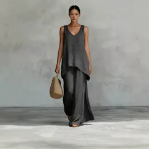 Women summer casual bohemian two-piece set, V-neck sleeveless top and wide-leg pants.