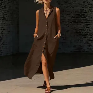Damen Sommer Freizeit ärmellos V-Ausschnitt einreihig Schlitz langes Kleid elegante Maxi