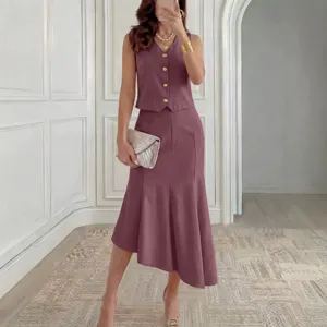 Ensemble Deux Pièces Femme Élégant Gilet Sans Manches et Jupe Midi Sirène Asymétrique