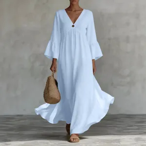 Bohemian light blue v-neck bell sleeve long maxi dress for women vacation resort wear style