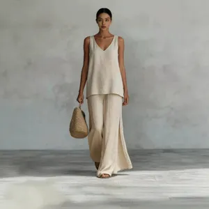 Summer casual linen V-neck tank top and high waist wide leg pants two piece set outfit