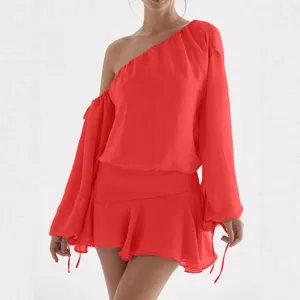 Elegante Vestido Mini Rojo Hombro Descubierto Manga Larga Chifón Volantes Sexy Mujer