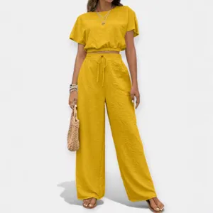 Conjunto casual de dos piezas amarillo sólido mujer crop top manga corta pantalón ancho