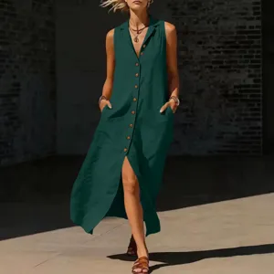 Damen ärmelloses V-Ausschnitt einreihiges Schlitz langes Kleid Freizeitmode grün neu