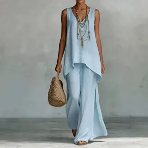 Women summer casual bohemian v-neck sleeveless tank top and wide leg pants set light blue