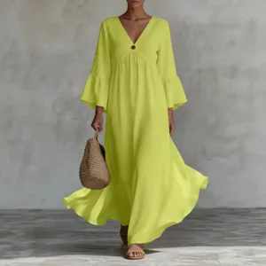 Bohemian deep V-neck bell sleeve long maxi dress for women elegant resort wear yellow