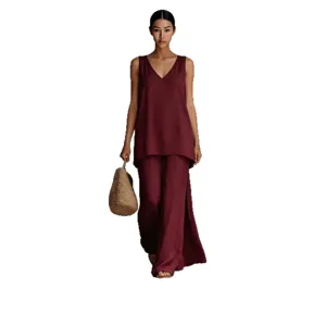 Bohemian style V-neck sleeveless top and wide-leg pants two piece set for women summer.
