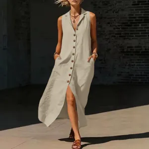 Ärmelloses Maxi-Knopfkleid lässiger Sommer-Chic beiges langes Kleid mit Taschen