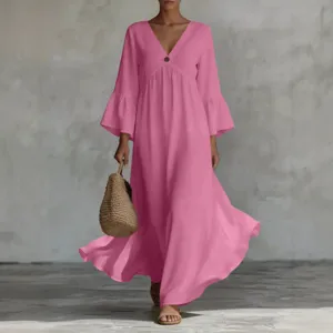 Bohemian Deep V-Neck Long Sleeve Flowy Loose Maxi Dress For Women Pink Vacation Wear