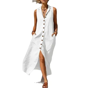 Weisses ärmelloses Maxikleid für Damen, lässiges V-Ausschnitt-Knopfkleid mit Frontschlitz.